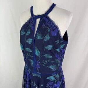 Marchesa Notte Dress Medium 12 Black Floral Embroidered Keyhole Cold Shoulder